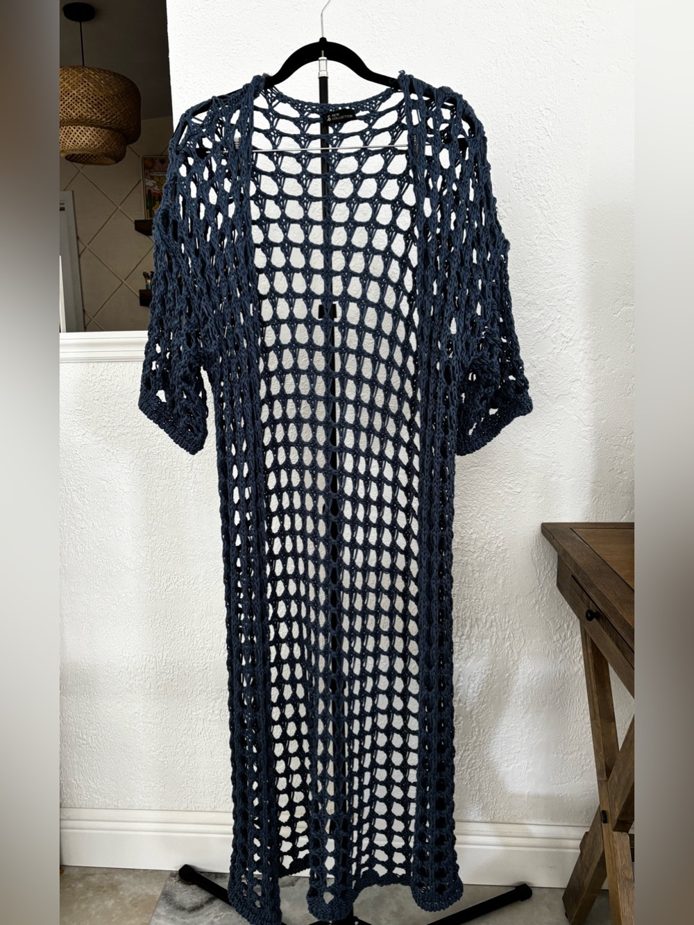 New Collection Navy Blue Crochet Open-Knit Long Duster Cardigan One Size